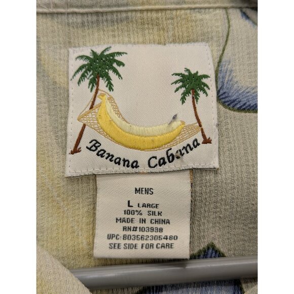 Banana Cabana 100% Silk Hawaiian Button Up Shirt Mens LG Floral Tropical Beige - Picture 10 of 10